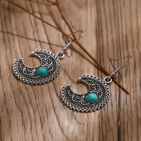 Silver Turquoise Filigree Moon Western Boho Dangle Earrings - Picture 3 of 5